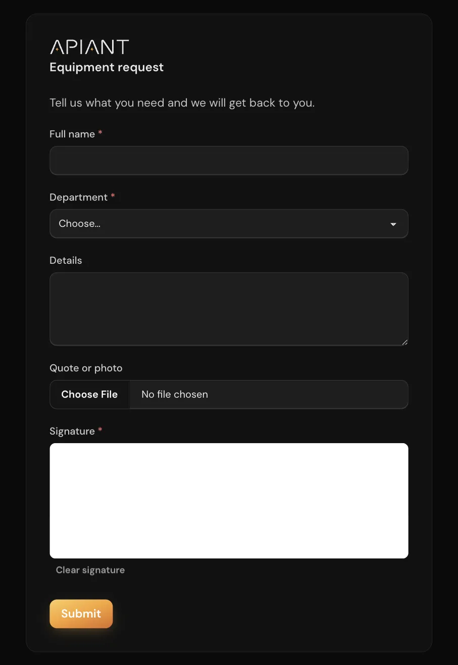 A hosted APIANT form titled Equipment request, with a text block, a required Full name field, a Department dropdown, a Details text area, a file upload and a signature pad above the Submit button.