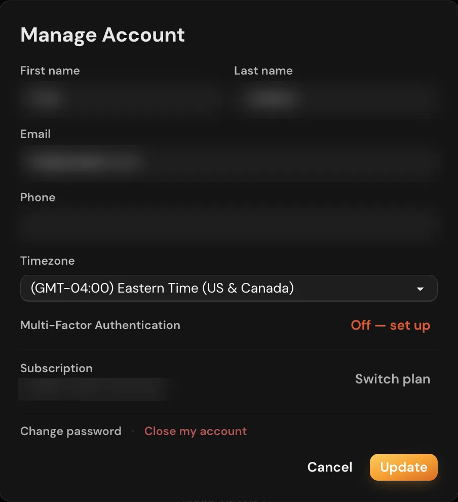 The Manage Account dialog with profile fields, Timezone, Multi-Factor Authentication, Subscription with Switch plan, Change password and Close my account; personal values are blurred.