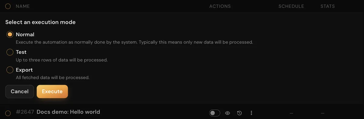 A dashboard row expanded into Select an execution mode, with Normal, Test and Export options, their descriptions, and the Cancel and Execute buttons.