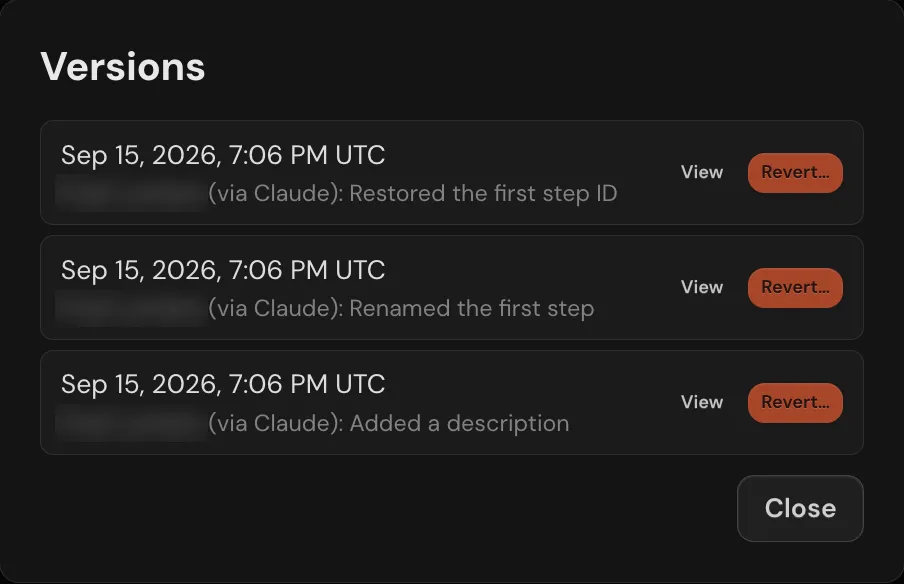 The Versions dialog for an automation listing three saved versions, each with its date, change description, a View button and a Revert button.
